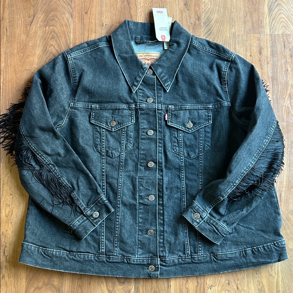 Festival Black Denim Levis Ex-Boyfriend Trucker Jacket w/ Fringe 2X 🖤 Jean New